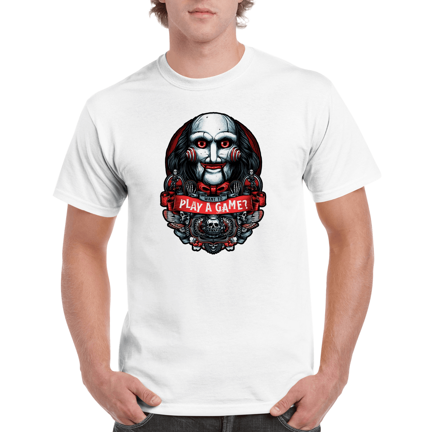 Want To Play A Game? Saw T-Shirt Canvas Prints in Accrington Number Plates Accrington IntelliPix