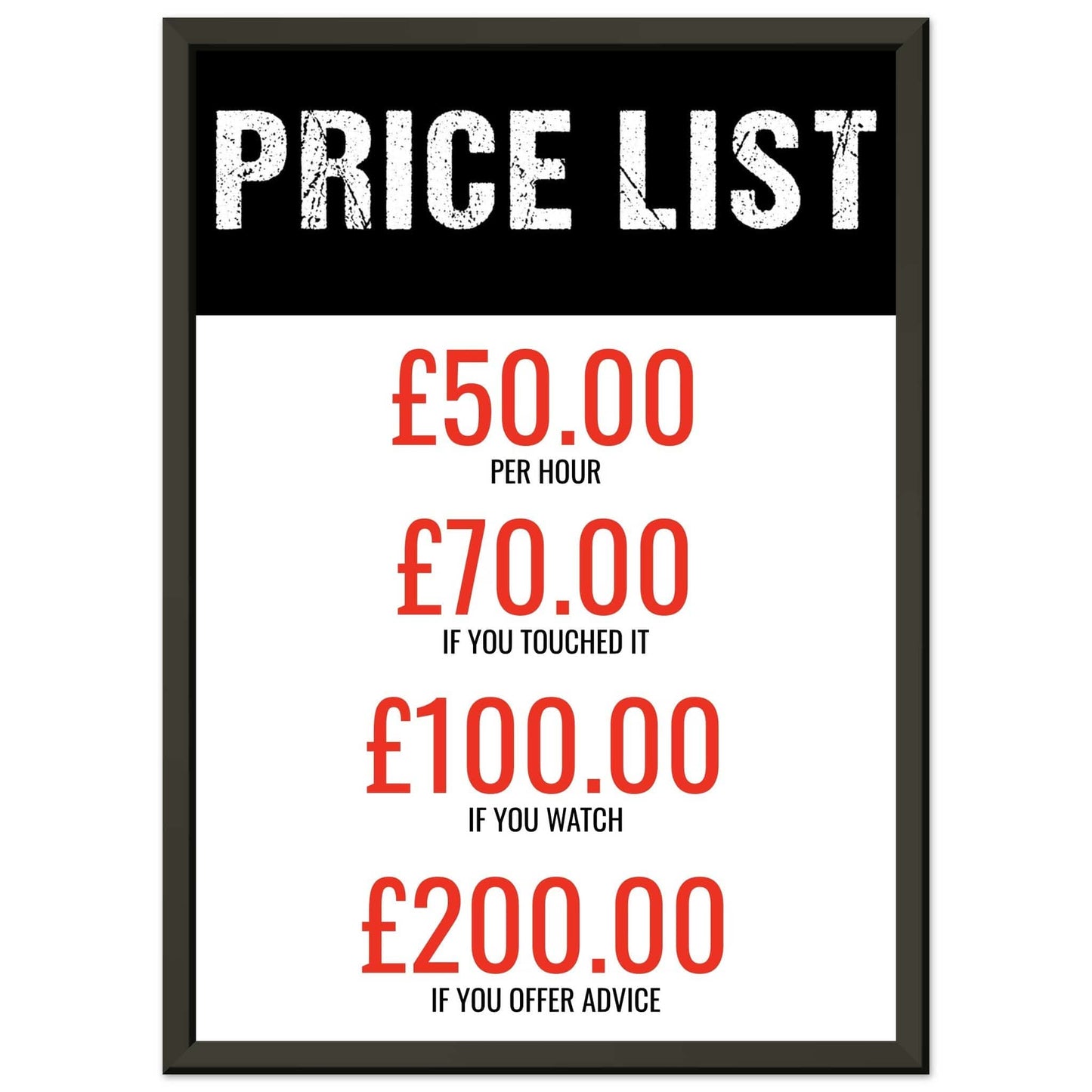 Funny Price List A4 Metal Framed Poster Canvas Prints in Accrington Number Plates Accrington IntelliPix