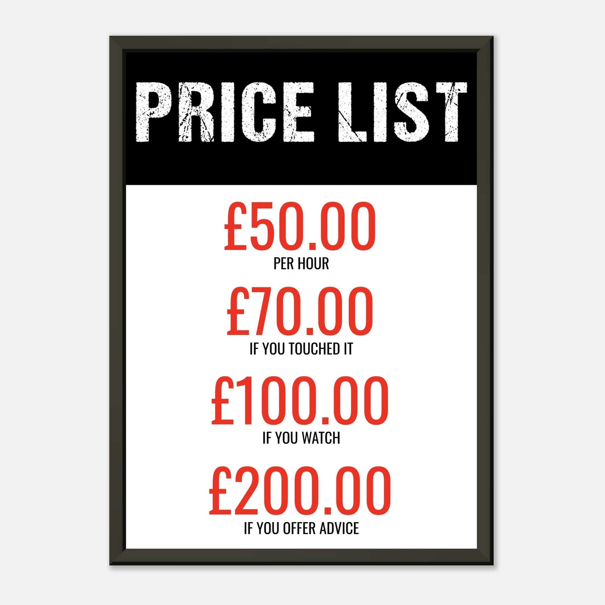 Funny Price List A4 Metal Framed Poster Canvas Prints in Accrington Number Plates Accrington IntelliPix